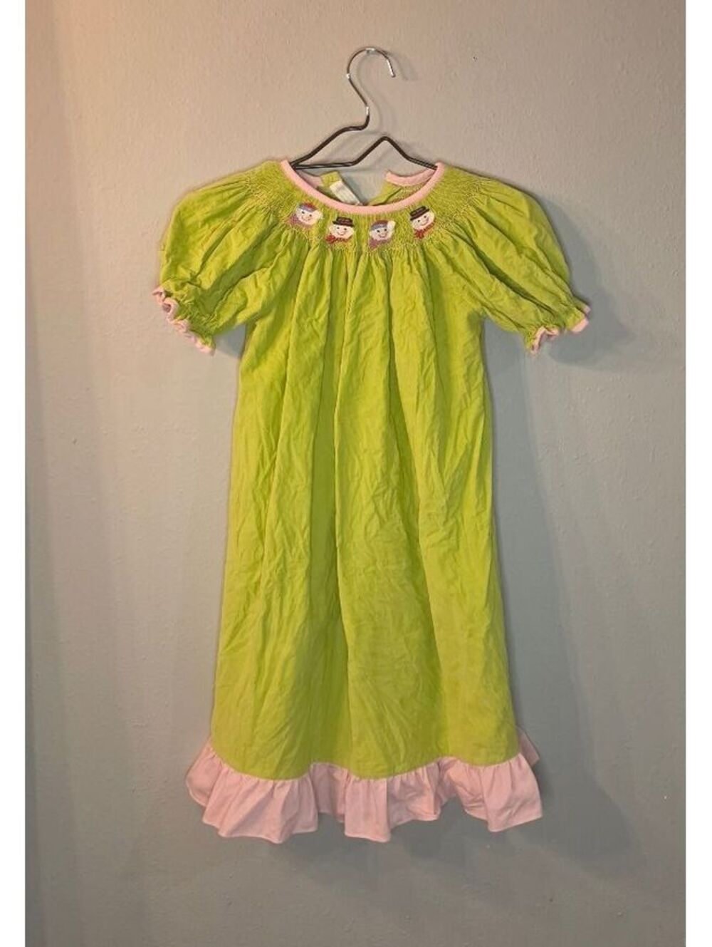 Vive La Fete Girls Size 6 Smocked Snowman Christmas Dress Green Pink Holiday